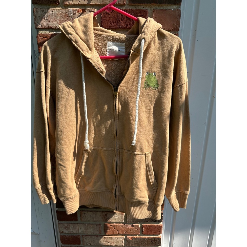American Eagle Frog Take‎ Care Of Yourself Zip Up Hoodie Tan XS/S Cottagecore